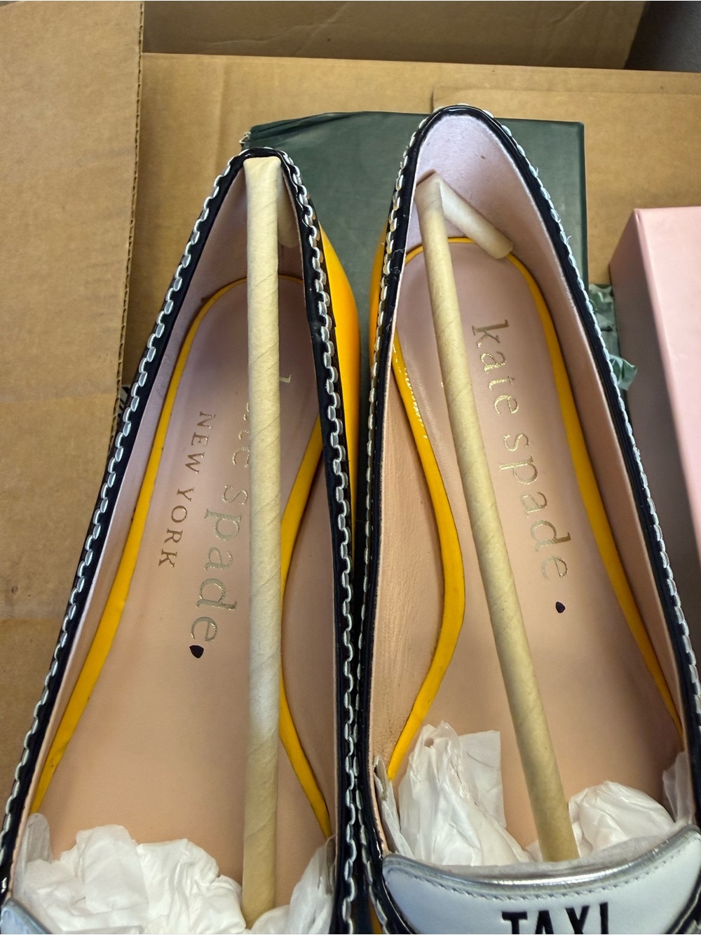 kate spade Two-Tone Yellow and White Pointed Toe Flats with 'TAXI' Detail - Picture 6 of 6